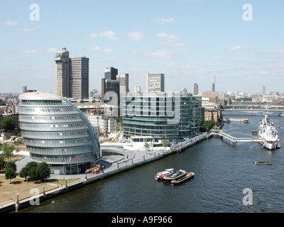 Aerial view looking down River Thames HMS Belfast & development at More London & City Hall Greater London Authority offices Guys Hospital Southwark UK Stock Photo