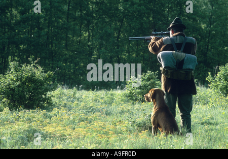 hunter with hunting dog, taking aim with riffle. Stock Photo