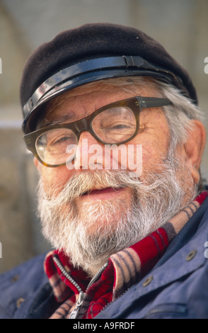 old bearded man, wearing goggles and cap, Greece, Mykonos. Stock Photo
