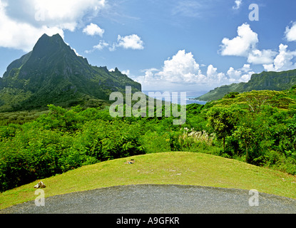 View of Cook's Bay and Mount Rotui on the island of Moorea near Tahiti in the Society Islands group of French Polynesia. Stock Photo