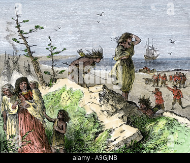 Henry Hudson attacks a Native American village along the North American coast. Hand-colored woodcut Stock Photo