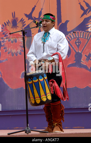 Zuni Pueblo singer and drummer for Red-Tailed Hawk Dancers at the Intertribal Ceremonial in Gallup New Mexico. Digital photograph Stock Photo