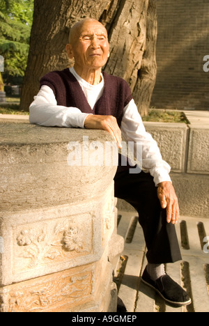 Elderly man in park at Xian's Small Wild Goose Pagoda (Xiaoyan Ta) Stock Photo