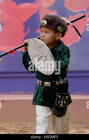 Young Navajo Blue Eagle Dancer performing the Shield Dance at the Intertribal Ceremonial in Gallup New Mexico. Digital photograph Stock Photo