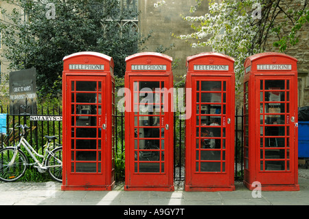 Four public telephone kiosks outside Great St Mary's Church near the Market Square, Cambridge Stock Photo