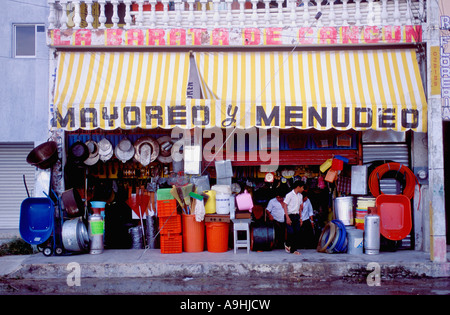 General Hardware store displays it's items in Old Cancun Market, Quintana Roo, Mexico. Stock Photo