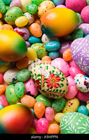 Easter eggs and jelly beans, hand painted egg Stock Photo