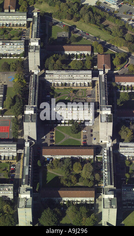 Aerial view of inner city housing estate featuring symmetrical blocks around central gardens Stock Photo