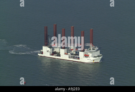 Aerial view of the Mayflower Resolution Wind Turbine Installation Vessel at sea off the Kent Coast in the English Channel Stock Photo