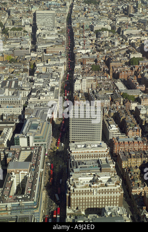 Aerial view of Oxford Street in the West End of London with up to 50 London Red Buses caught in the traffic congestion Stock Photo