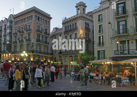 Spain Barcelona Las Ramblas dusk tourists Stock Photo