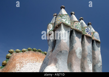 Barcelona Casa Batllo by Antoni Gaudi chimneys on roof top terasse  Stock Photo