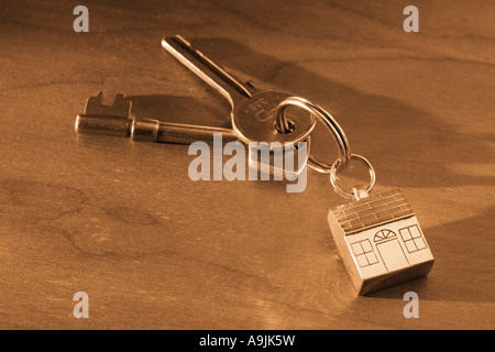 House keys on key shaped keyring Stock Photo