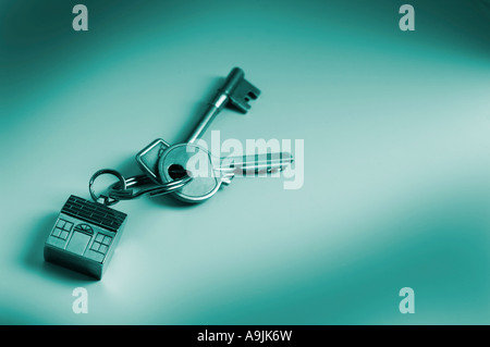 House keys on key shaped keyring Stock Photo