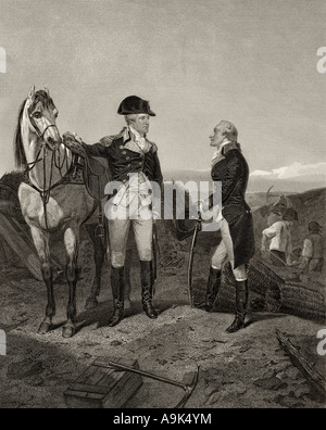 First meeting of George Washington 1732 - 1799, with Alexander Hamilton 1755 /1757 - 1804. Stock Photo