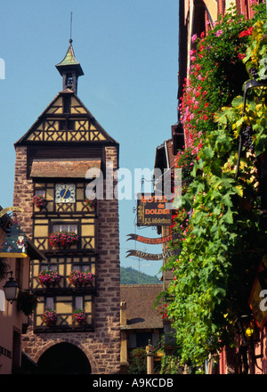 France alsace Haut Rhin 68 Riquewhir view of Obertor with blossoming hotel facade  Stock Photo