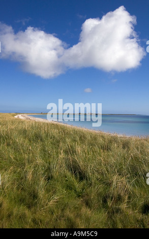 dh Bay of Lopness SANDAY ORKNEY Scotland dunes white sandy remote island afar coastal empty shoreline blue sky marram grass beach remoteness Stock Photo