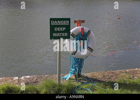 Danger deep water sign post with water behind Stock Photo - Alamy