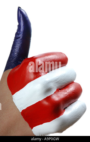 Hand painted in colors of American national flag Thumb up gesture Isolated over white cutout Patriotic concept Stock Photo