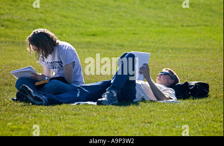 Young couple studying on grassy lawn Stock Photo