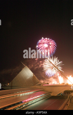 Fireworks over Calatrava wing of Milwaukee Art Museum Milwaukee Wisconsin USA Stock Photo