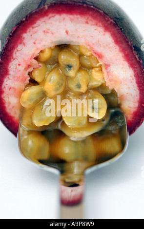 Passiflora edulis. Passion fruit with pips on spoon against white background Stock Photo
