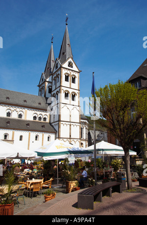 Saint Severus church Boppard market square with pavement cafes, Rhineland, Germany, Europe Stock Photo