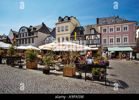 Market square at Boppard in the Rhine Valley, Rhineland, Germany Europe with half timbered houses, cafe and shops Stock Photo