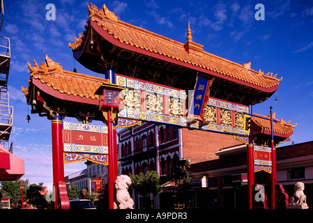 Chinatown, Victoria, BC, Vancouver Island, British Columbia, Canada - Colourful Chinese Gate of Harmonious Interest Stock Photo