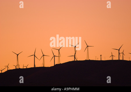 Wind turbines at the Tehachapi Wind Farm 2nd largest in the world at sunset Tehachapi Mountains California Stock Photo