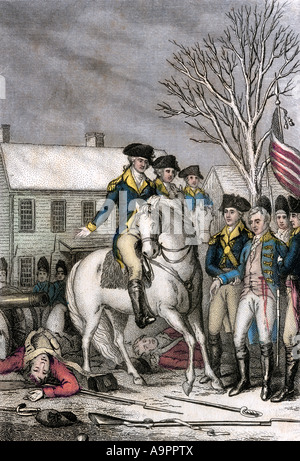 Hessian commander Rall mortally wounded during the American attack on Trenton New Jersey December 1776. Color engraving Stock Photo