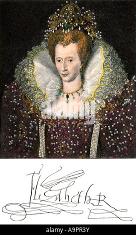 Queen Elizabeth I with autograph. Hand-colored engraving Stock Photo