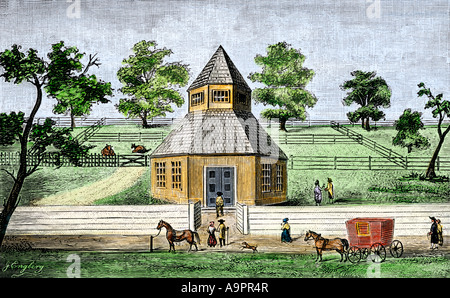 First Quaker meeting house in Burlington New Jersey a hexagon built in 1683. Hand-colored woodcut Stock Photo