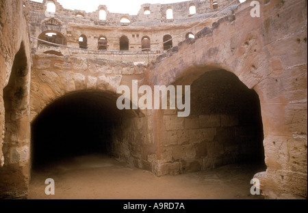 Underground tunnels stables and cells beneath amphitheatre in the Roman ruin of El Jem Tunisia Stock Photo