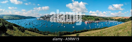 Panorama of boats moored in Kingsbridge Estuary at Salcombe, photographed from Snapes Point, Devon UK Stock Photo