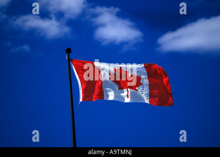 CANADIAN FLAG FLYING ON FLAGPOLE IN WIND Stock Photo