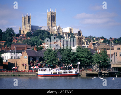 Lincoln Brayford Pool marina tour boat for River Witham trips cathedral on hillside Stock Photo