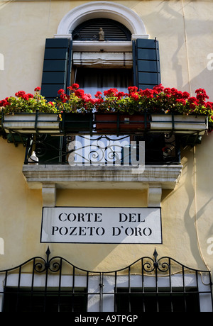 Colourful window box with red geraniums, Venice Italy Europe Stock Photo