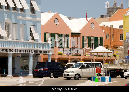 Bermuda Hamilton Front Street skyline shops pink  buildings white ribbed roof Stock Photo