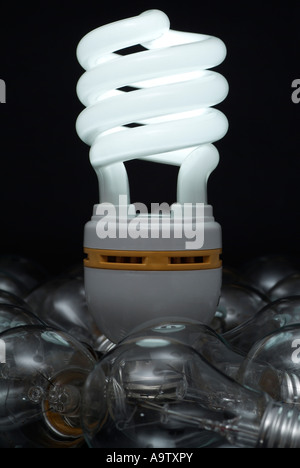 Energy Efficient Lightbulb Surrounded by Normal Tungsten Lightbulbs Stock Photo