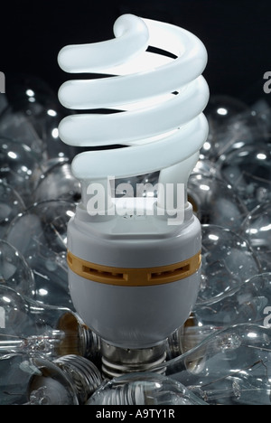 Energy Efficient Light Bulb Surrounded by Normal Tungsten Lightbulbs Stock Photo