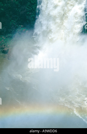 Close up of the Iguassu Falls and Rainbow on the Brazilian side of the Falls Stock Photo