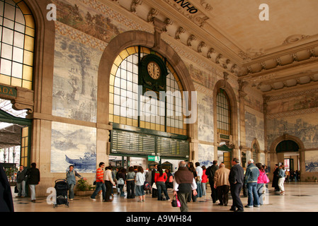 Interior of San Bento train station and azulejos tiles in Oporto Portugal Stock Photo