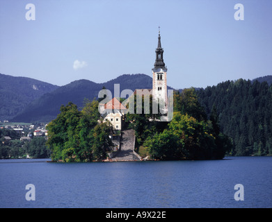 Slovenia, Gorenjska, Bled. Church of the Assumption (17thC) on Island in Lake Bled Stock Photo