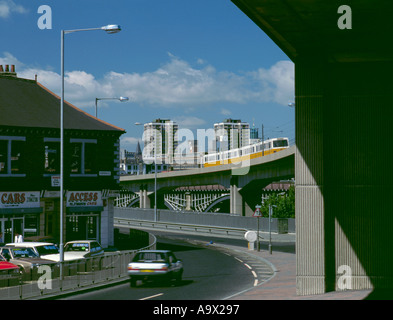 Tyneside Metro tram on the Byker Viaduct, Byker, Newcastle upon Tyne, Tyne and Wear, England, UK. Stock Photo