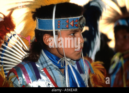 Young dancer at Powpow, a traditional meeting of Northamerican Indians, Canada, Alberta, Standoff Stock Photo