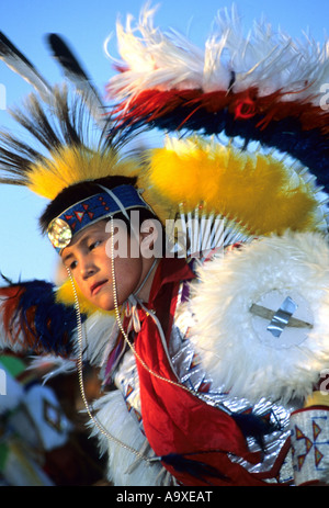 Young dancer at Powpow, a traditional meeting of Northamerican Indians, Canada, Alberta, Standoff Stock Photo