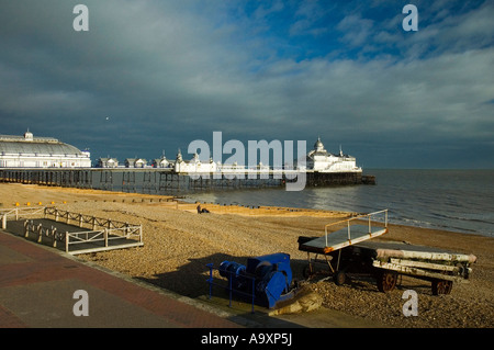 Eastbourne beach and pier with trailer in foreground Stock Photo