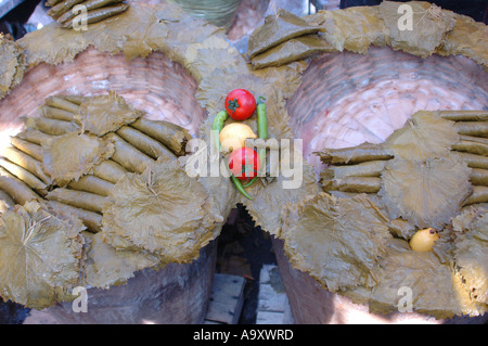 Display of vine leaves in the market at Kadikoy on the Asian coast of Istanbul, Turkey Stock Photo
