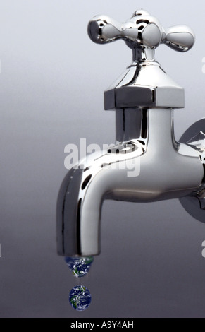 Faucet with waterdrops in the form of Planet Earth Stock Photo